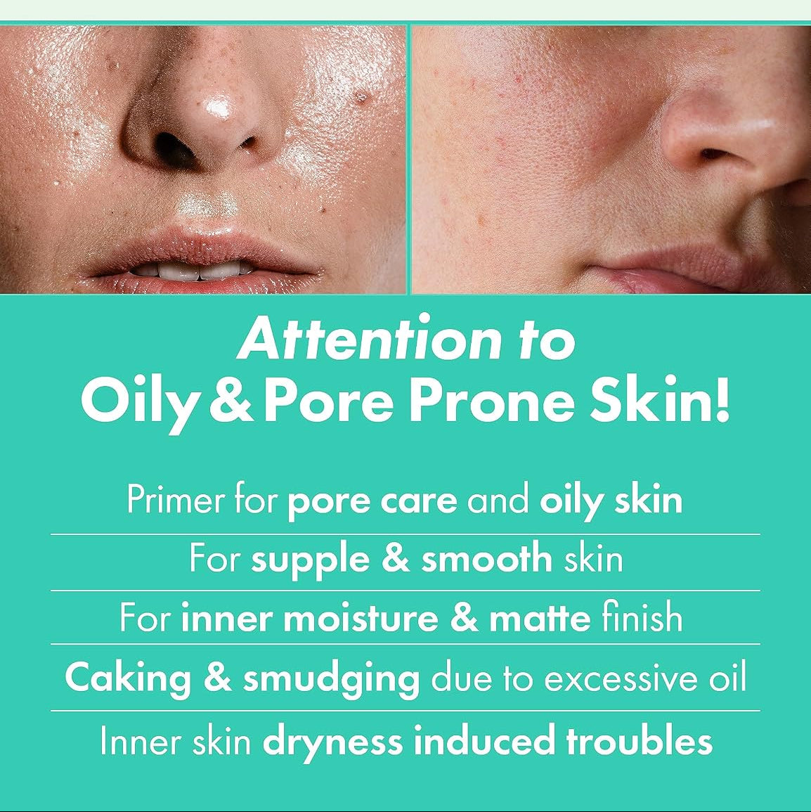 Advertisement for a pore control essence primer targeting oily and pore-prone skin.